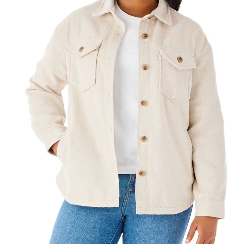 Kensie Cream Soft Brushed Shacket W/ Pockets